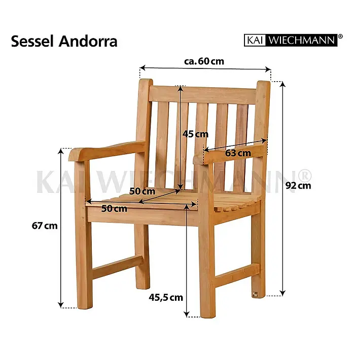 Kai Wiechmann Gartensessel - Teakholz, Naturbelassen, B x T x H: 60 x 63 x 92 cm - Bild eines Teakholzsessels Andorra mit Maßangaben zur Veranschaulichung der Produktabmessungen.