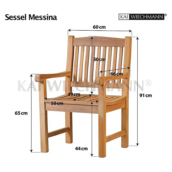 Kai Wiechmann Gartensessel - Teakholz, Naturbelassen, B x T x H: 60 x 66 x 91 cm - Bild einer Sessel Messina mit Maßangaben. Der Sessel ist aus Holz gefertigt und hat eine Sitzhöhe von 65 cm.