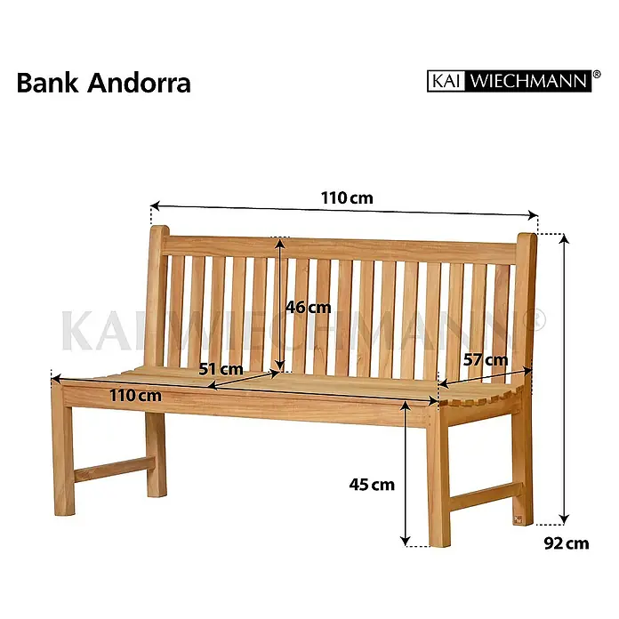Kai Wiechmann Gartenbank - B x T x H: 110 x 57 x 92 cm, Teak, Naturbelassen - Abbildung einer Bank Andorra mit Größenangaben. Die Bank Andorra ist aus Holz und hat eine Rückenlehne.