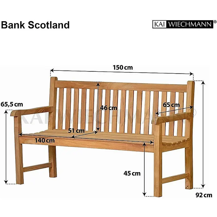 Kai Wiechmann Gartenbank - B x T x H: 150 x 65 x 92 cm, Teak, Naturbelassen - Bild einer Gartenbank aus Holz, Modell "Bank Scotland", mit detaillierten Maßangaben in Zentimetern.
