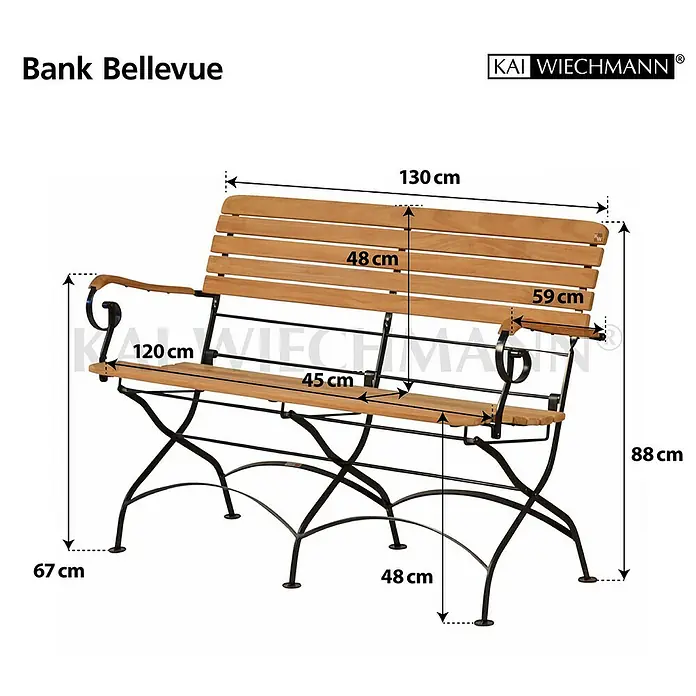 Kai Wiechmann Gartenbank - B x T x H: 131 x 59 x 88 cm, Teak, Naturbelassen, Klappbar - Abbildung einer Gartenbank Bellevue mit Maßen, hergestellt von Kai Wiechmann, mit Details zu Höhe, Breite und Tiefe.