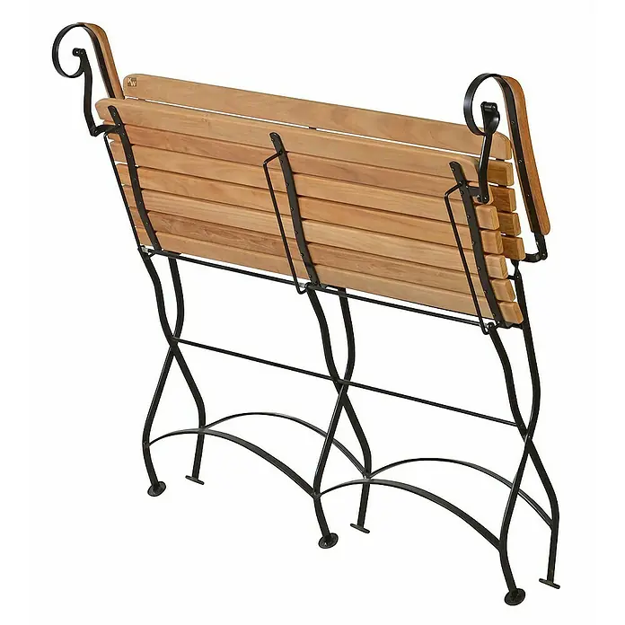 Kai Wiechmann Gartenbank - B x T x H: 131 x 59 x 88 cm, Teak, Naturbelassen, Klappbar - Bild einer zusammengeklappten Gartenbank aus Holz mit dunklem Metallgestell.