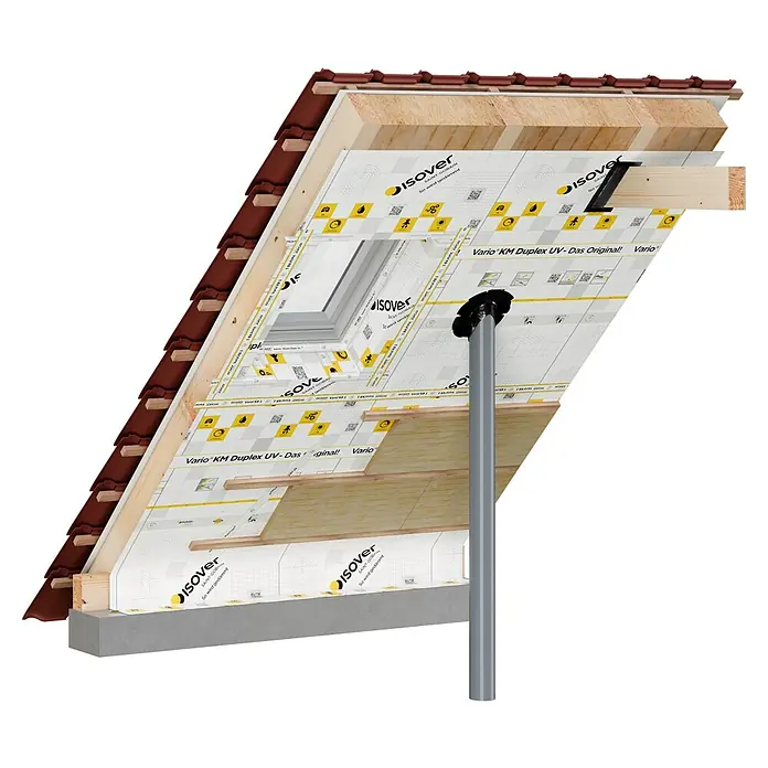 Isover Vario Klebeband Multitape SL+ - 25 m x 60 mm - Querschnitt eines Daches mit Isover Vario KM Duplex UV Dampfbremsfolie zur Isolierung und zum Schutz vor Feuchtigkeit.