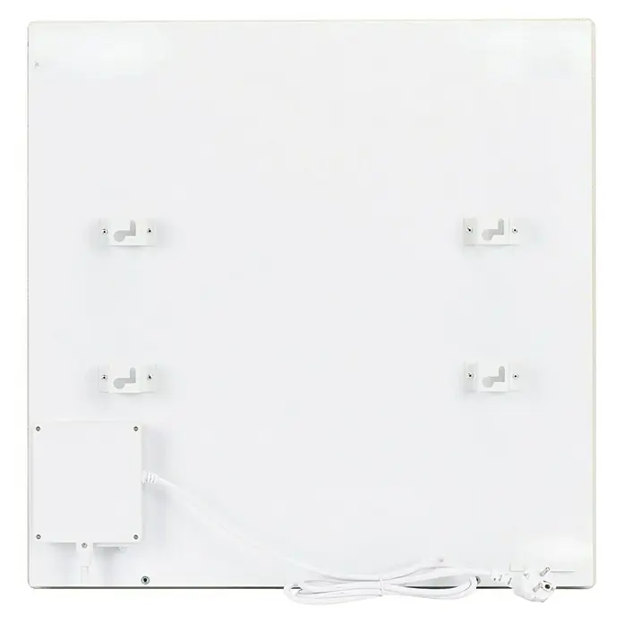 Purline Emisor térmico Marbly A500 - 500 W, Blanco, 7 x 60 x 60 cm - Imagen de un calefactor de infrarrojos blanco con material de montaje, cable y fuente de alimentación. El calefactor está diseñado para montaje en pared.