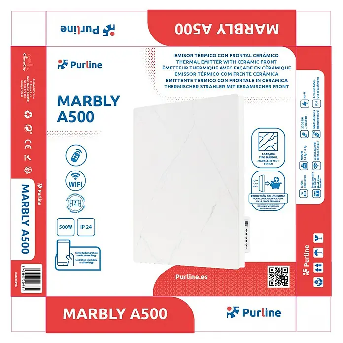 Purline Emisor térmico Marbly A500 - 500 W, Blanco, 7 x 60 x 60 cm - Embalaje del producto para el radiador frontal cerámico Purline MARBLY A500.