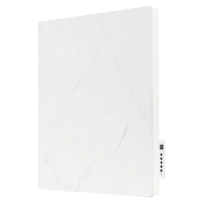 Purline Emisor térmico Marbly A500 - 500 W, Blanco, 7 x 60 x 60 cm - La imagen muestra un panel de calefacción moderno de mármol blanco con controles laterales. Ideal para un calor elegante en cualquier estancia.