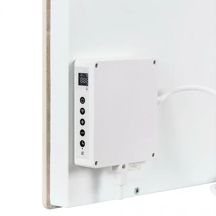 Purline Emisor térmico Marbly A1000 - 1.000 W, Blanco, 7 x 120 x 60 cm - Primer plano de un panel de calefacción con controles digitales para el ajuste de la temperatura y proporciona calor confortable para su hogar.