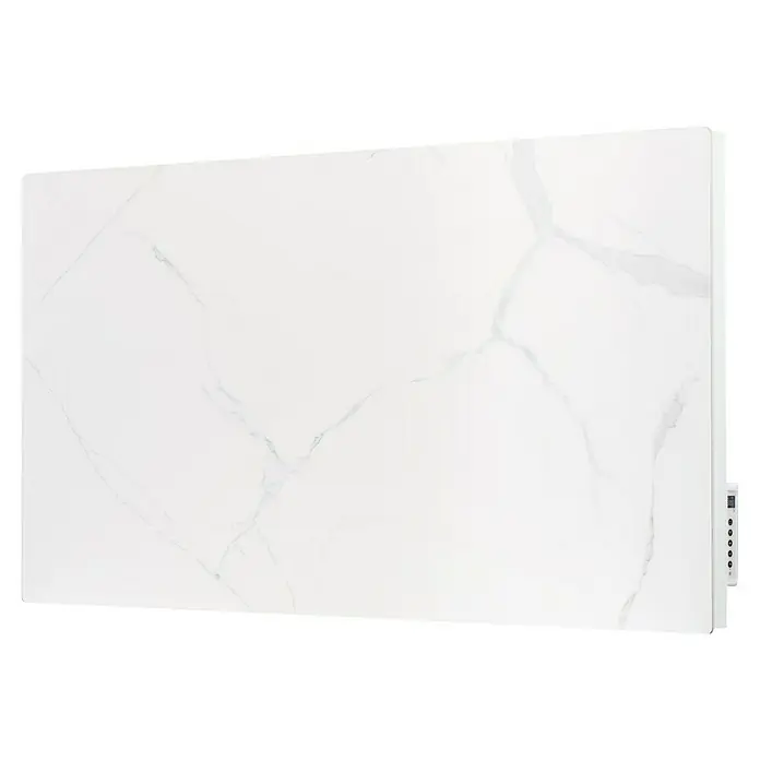 Purline Emisor térmico Marbly A1000 - 1.000 W, Blanco, 7 x 120 x 60 cm - Primer plano de un gran panel de calefacción de mármol blanco con sutiles vetas grises para un ambiente elegante.