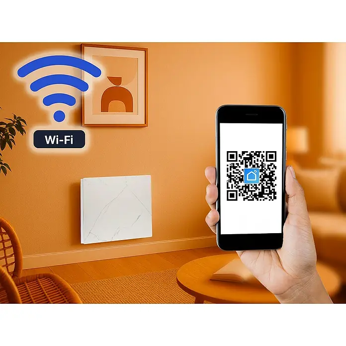 Purline Emisor térmico Marbly A500 - 500 W, Blanco, 7 x 60 x 60 cm - Radiador inteligente con conectividad Wi-Fi que se conecta a un smartphone mediante un código QR para un control sencillo.