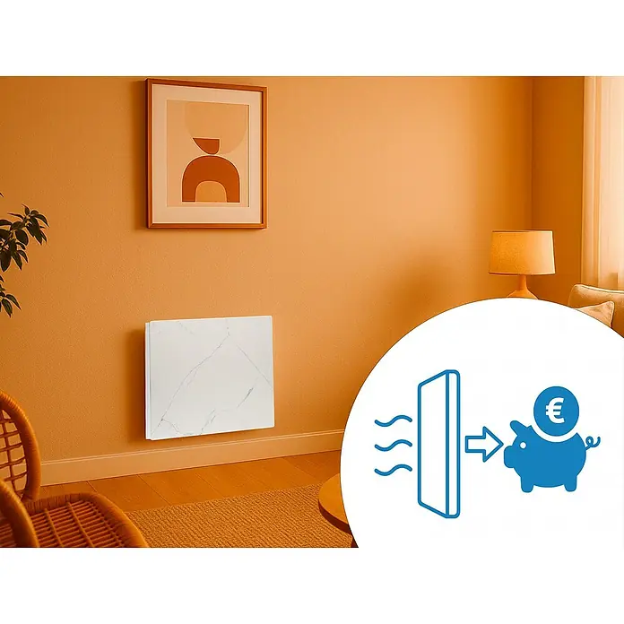 Purline Emisor térmico Marbly A500 - 500 W, Blanco, 7 x 60 x 60 cm - Un moderno panel de calefacción en una elegante sala de estar, que garantiza calor eficiente y ahorro de energía.