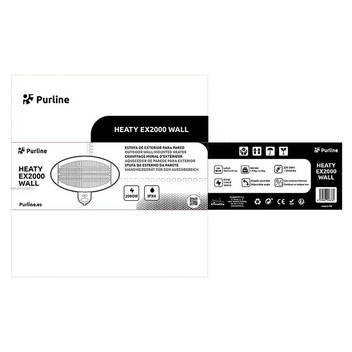 Purline Estufa de exterior Heaty EX2000 Wall - Altura: 32 cm - Embalaje de PURLINE HEATY EX2000 WALL: Estufa de exterior infrarroja de pared, ideal para uso interior y exterior, con ángulo ajustable.