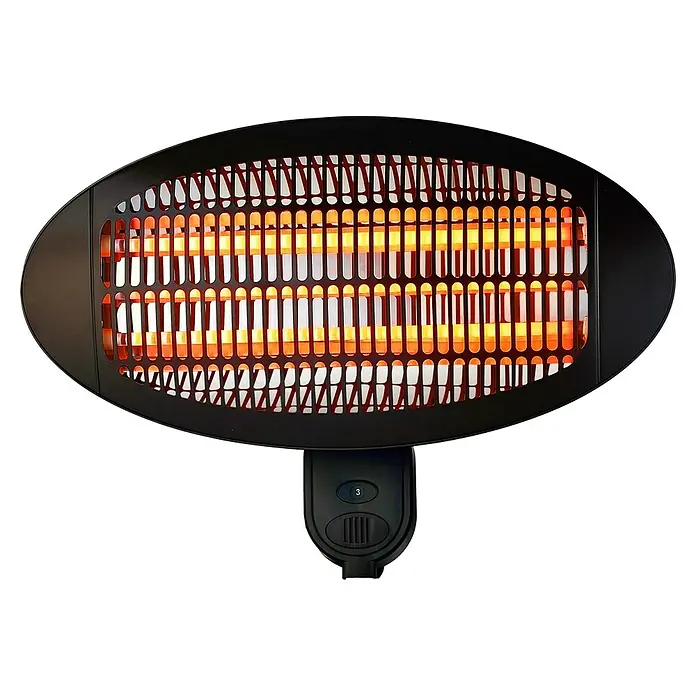 Purline Estufa de exterior Heaty EX2000 Wall - Altura: 32 cm - Imagen de un calefactor eléctrico con una rejilla ovalada negra que protege las resistencias naranjas.