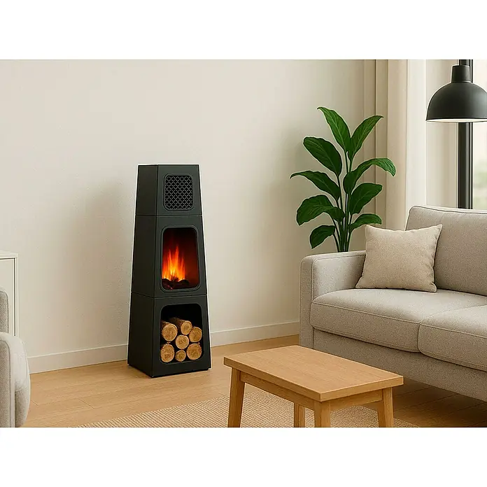 Purline Estufa de pie infrarrojos CHE-730 - 35 x 45 x 120 cm, 1.800 W, Negro - Una chimenea negra moderna con troncos de leña y llamas simuladas, colocada en un salón elegante con sofá y planta.