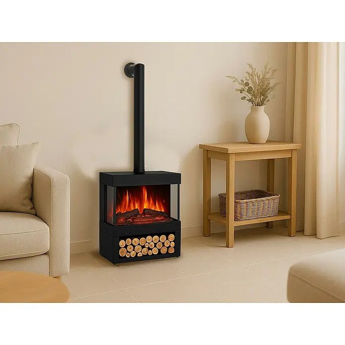 Purline Chimenea eléctrica Heaty Lampy - Negro, 900 W - 1.800 W, 30 x 60 x 73,5 cm - La moderna chimenea eléctrica con almacenamiento de leña crea un ambiente acogedor en el salón. Aporta calor y es un verdadero atractivo visual.