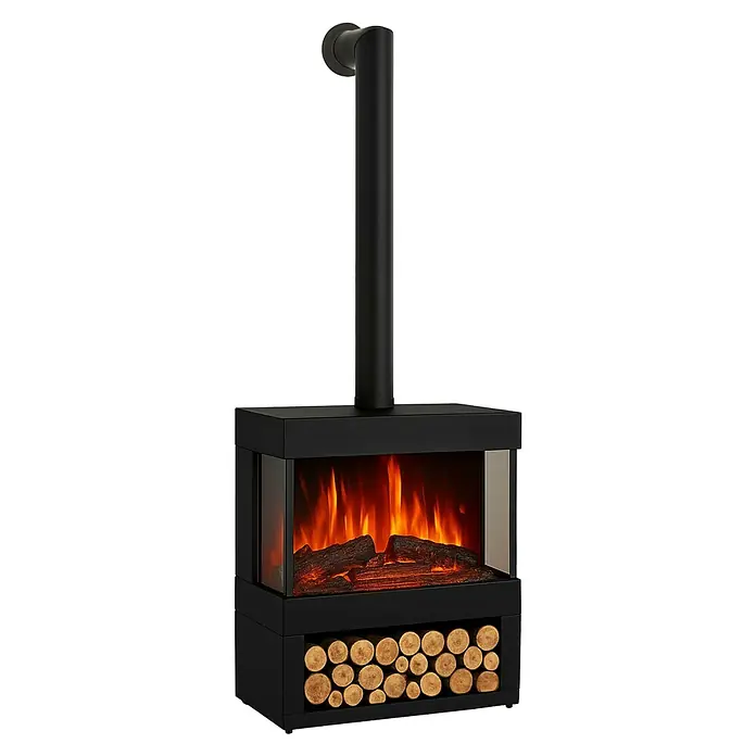 Purline Chimenea eléctrica Heaty Lampy - Negro, 900 W - 1.800 W, 30 x 60 x 73,5 cm - Elegante imagen de chimenea con leños y llamas, perfecta para horas acogedoras en el salón. Diseño moderno con marco negro y chimenea.