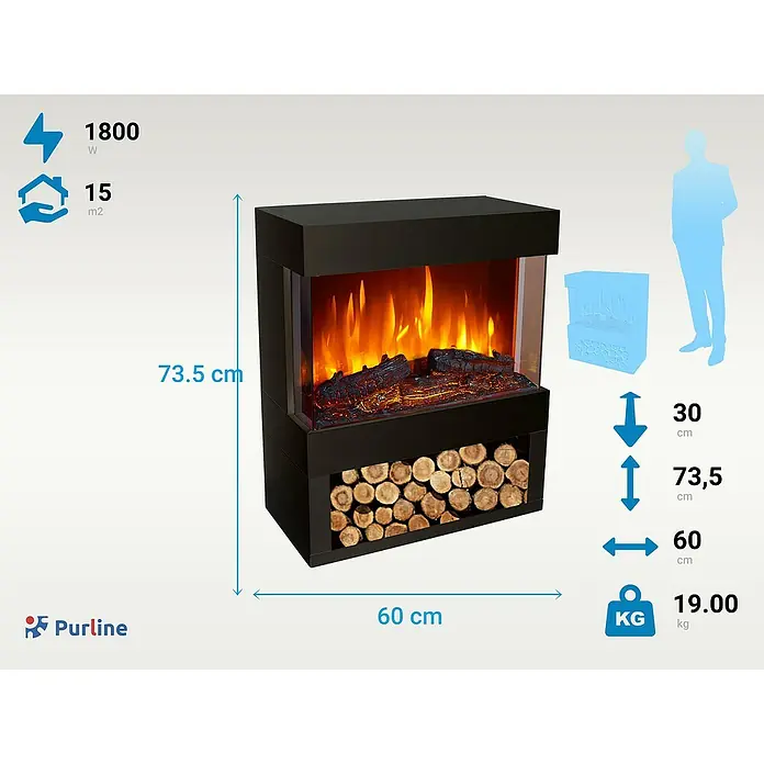 Purline Chimenea eléctrica Heaty Lampy - Negro, 900 W - 1.800 W, 30 x 60 x 73,5 cm - Imagen de una chimenea eléctrica PURLINE con almacenamiento de leña, dimensiones y datos técnicos como potencia y peso.