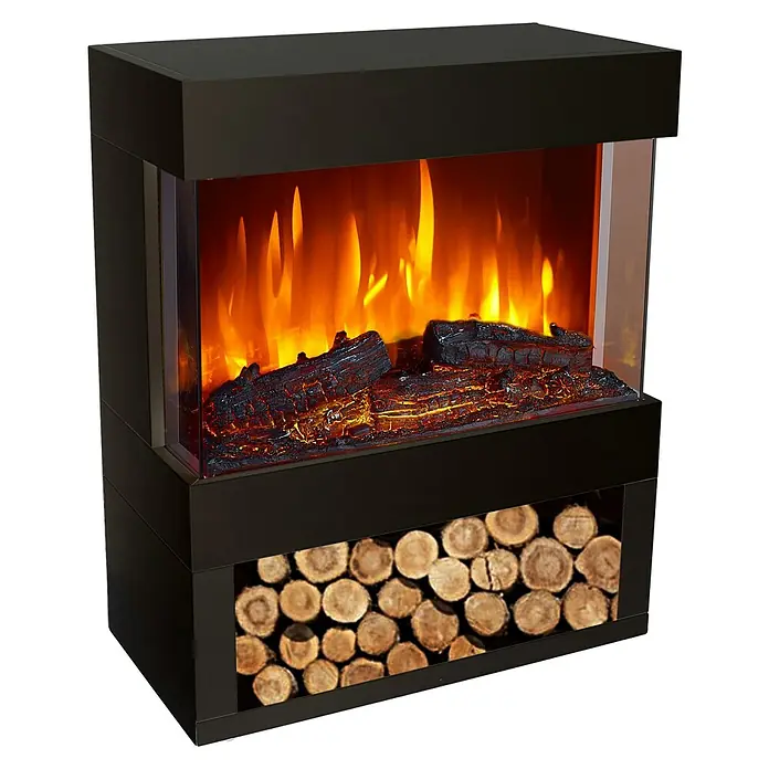 Purline Chimenea eléctrica Heaty Lampy - Negro, 900 W - 1.800 W, 30 x 60 x 73,5 cm - Chimenea eléctrica con almacenamiento de leña. La chimenea moderna crea un ambiente acogedor.