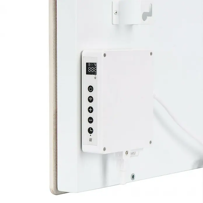 Purline Emisor térmico Marbly A500 - 500 W, Blanco, 7 x 60 x 60 cm - Primer plano de un calentador infrarrojo con pantalla digital y botones de control.