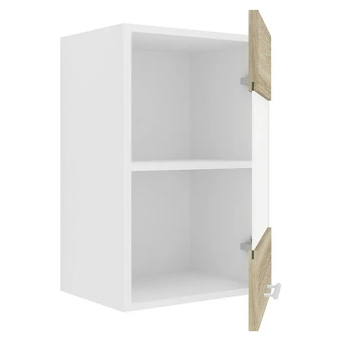 VCM Esilo Küchen-Hängeschrank - 31 x 40 x 60 cm, Sonoma-Eiche - Dieses Bild zeigt einen modernen, weißen Wandschrank mit einer hellbraunen Tür, die das schlichte Design des Möbels unterstreicht. Der Schrank bietet praktischen Stauraum.