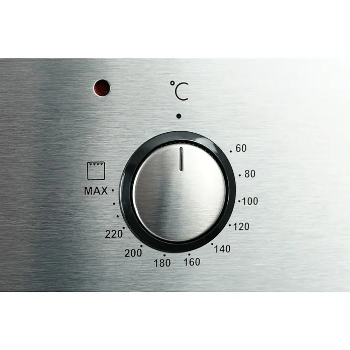 Respekta Einbaubackofen Jim - Anzahl Beheizungsarten: 10 Stk., Volumen Backofen: 72 l - Nahaufnahme des Drehreglers eines Ofens, der auf 100 Grad Celsius eingestellt ist, mit einem roten Licht darüber.