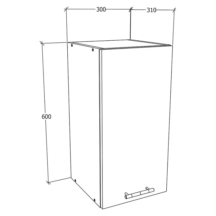 VCM Esilo Hängeschrank - 31 x 30 x 60 cm, Weiß - Abbildung eines Schranks mit den Maßen 300 x 310 x 600 mm. Das Produkt ist ein hochformatiger Schrank mit Griff an der Tür.