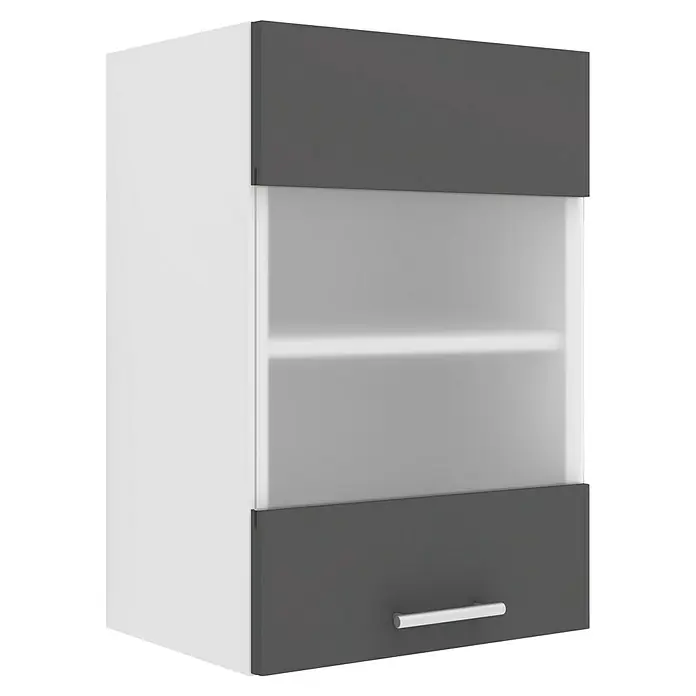 VCM Esilo Glas-Hängeschrank - 31 x 40 x 60 cm, Anthrazit - Dieses Bild zeigt einen modernen grauen und weißen Hängeschrank mit Glastüren und einem minimalistischen Design, perfekt für eine stilvolle Küchenaufbewahrung.