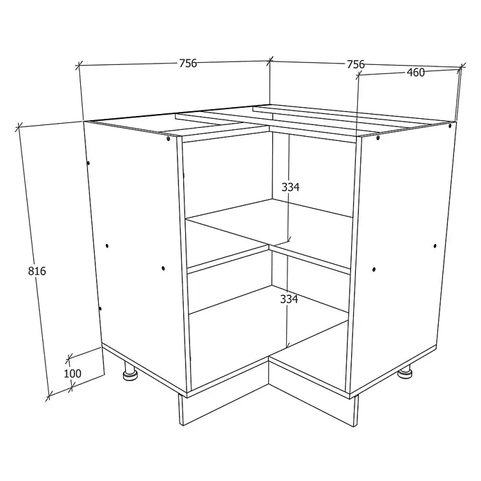 VCM Esilo Eck-Unterschrank - L x B x H: 76 x 76 x 82 cm, Anthrazit - Schrankecke mit Abmessungen: 816 mm Höhe, 756 mm Breite und 460 mm Tiefe. Das Produkt hat zwei Regale und Füße.