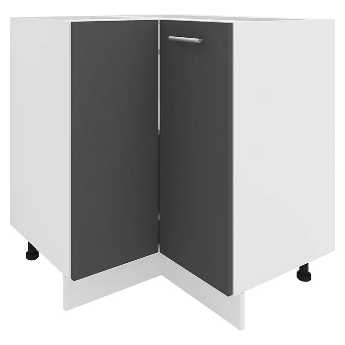 VCM Esilo Eck-Unterschrank - L x B x H: 76 x 76 x 82 cm, Anthrazit - Ein Eckschrank mit grauen Türen und weißen Seitenwänden. Der Schrank hat einen silberfarbenen Griff und schwarze Füße.