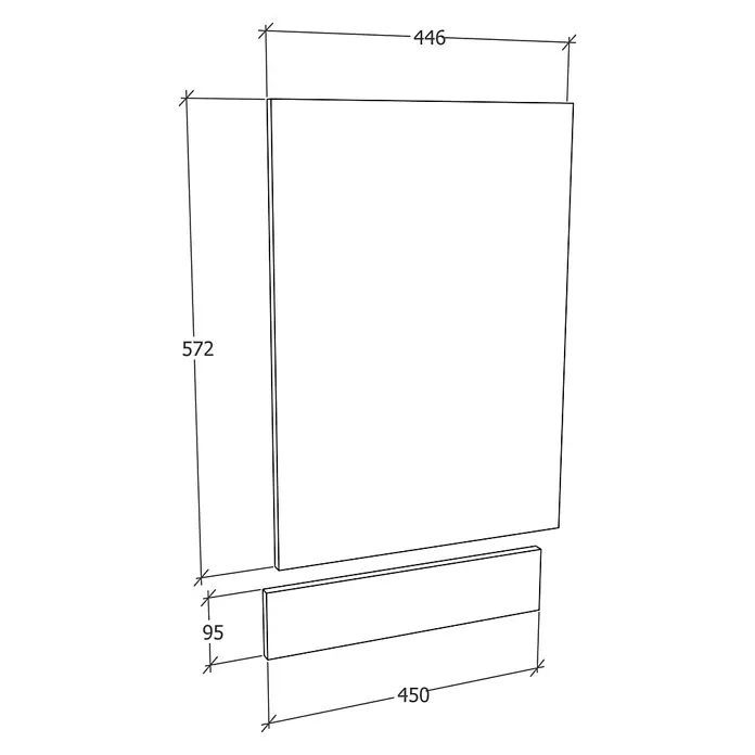 VCM Esilo Geschirrspülerfront - L x B x H: 2 x 45 x 67 cm, Anthrazit - Produktabbildung mit den Maßen 446 x 572 mm für das Hauptpaneel und 450 x 95 mm für das untere Paneel.