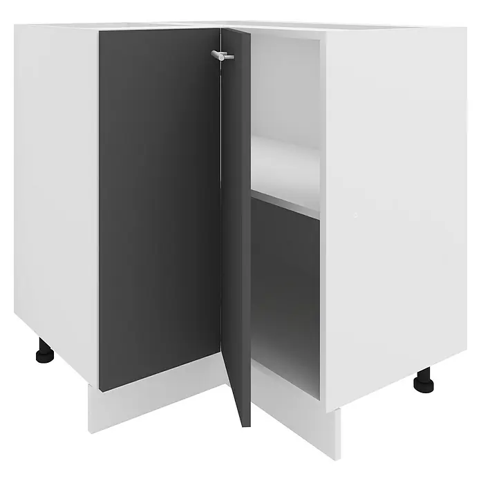 VCM Esilo Eck-Unterschrank - L x B x H: 76 x 76 x 82 cm, Anthrazit - Ein moderner weißer und grauer Eckschrank mit einer teilweise geöffneten Tür, ideal für stilvolle Aufbewahrungslösungen in Ihrem Zuhause.