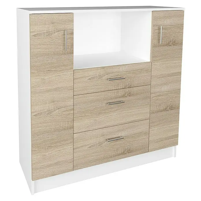 VCM Esilo Schrank - L x B x H: 40 x 109 x 110 cm, Sonoma-Eiche - Ein Sideboard in Holzoptik mit weißen Akzenten, das stilvolle Stauraumlösungen bietet. Ideal für Wohn- und Esszimmer.