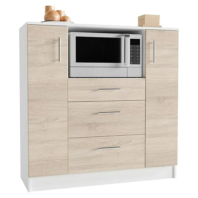 VCM Esilo Schrank - L x B x H: 40 x 109 x 110 cm, Sonoma-Eiche - Ein Küchenschrank mit Mikrowelle und Schubladen. Die Fronten sind in Holzoptik gehalten.