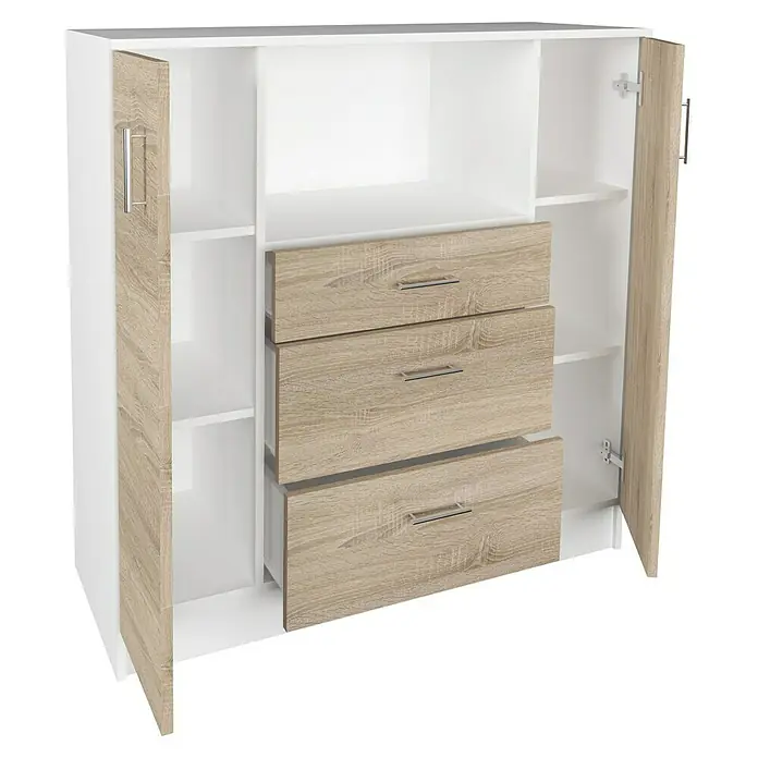 VCM Esilo Schrank - L x B x H: 40 x 109 x 110 cm, Sonoma-Eiche - Das Bild zeigt einen weißen Schrank mit drei Schubladen und zwei Holztüren.