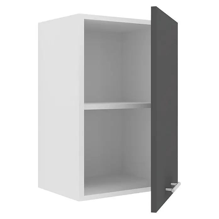 VCM Esilo Hängeschrank - 31 x 40 x 60 cm, Anthrazit - Ein weißer Hängeschrank mit einer grauen Tür, die teilweise geöffnet ist, um das Regal im Inneren zu zeigen. Ideal für Stauraum in Küche oder Bad.