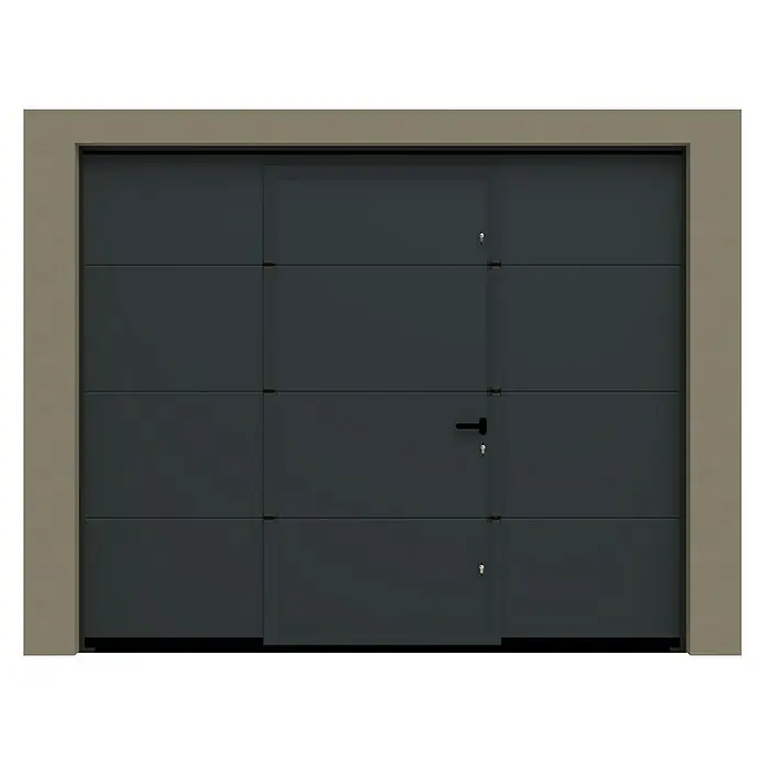Garagentor mit Schlupftür - B x H: 2.500 x 2.125 mm, Anthrazitgrau/Weiß, Glatt - Graues Garagentor mit Paneelen und seitlicher Tür, eingefasst in einem beigen Rahmen. Ideal für moderne Häuser.