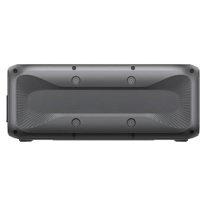 Bluetti Batteriespeicher B300K - Akkuleistung: 3.072 Wh - Die Rückseite eines grauen Lautsprechers mit Schrauben und Kühllamellen zur Wärmeableitung. Das Design ist robust und funktional.