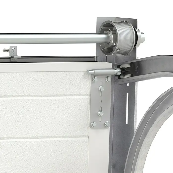 Solid Elements Garagentor Solid Pro - B x H: 2.500 x 2.125 mm, Verkehrsweiß, Glatt - Detailaufnahme einer Garagentorkonstruktion, die die Mechanik und Befestigungen des Tors zeigt.