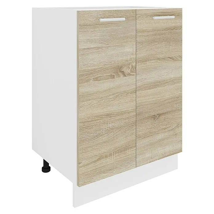 VCM Esilo Unterschrank Typ 1 - 46 x 60 x 82 cm, Sonoma-Eiche - Ein Unterschrank mit zwei Türen in Holzoptik und weißen Griffen. Ideal für Küche oder Bad, bietet er praktischen Stauraum.
