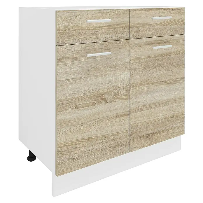 VCM Esilo Unterschrank Typ 2 - 46 x 80 x 82 cm, Sonoma-Eiche - Dieses Bild zeigt einen weißen Schrank mit hellbraunen Holzfronten und Griffen, ideal für modernes Wohnen und Stauraum.