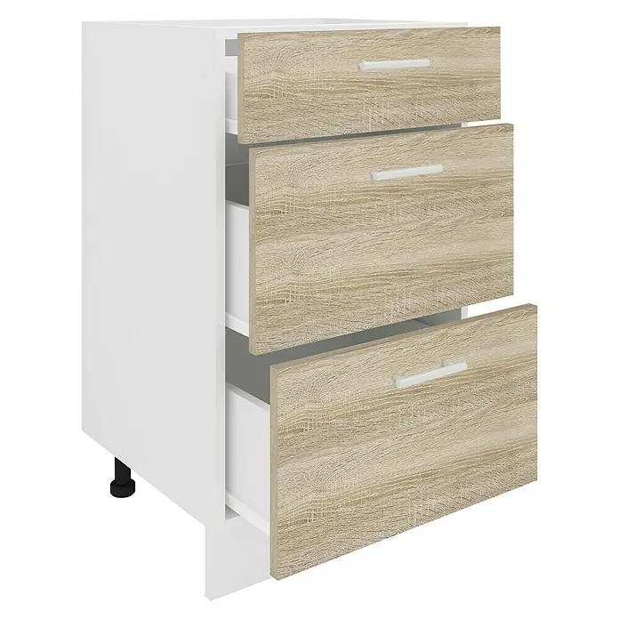 VCM Esilo Unterschrank Typ 3 - 46 x 50 x 82 cm, Sonoma-Eiche - Weißer Nachttisch mit drei Schubladen in Holzoptik, ideal für Schlafzimmer oder Gästezimmer. Praktischer Stauraum und stilvolles Design.