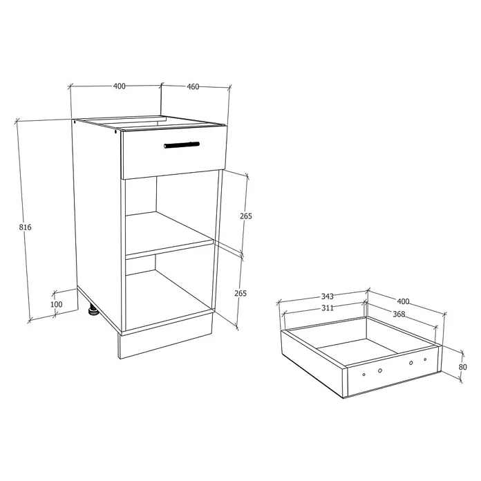 VCM Esilo Unterschrank Typ 2 - 46 x 40 x 82 cm, Sonoma-Eiche - Skizze eines Küchenunterschranks mit Schublade und offenem Stauraum, Bemaßungen zur Verdeutlichung der Größe.