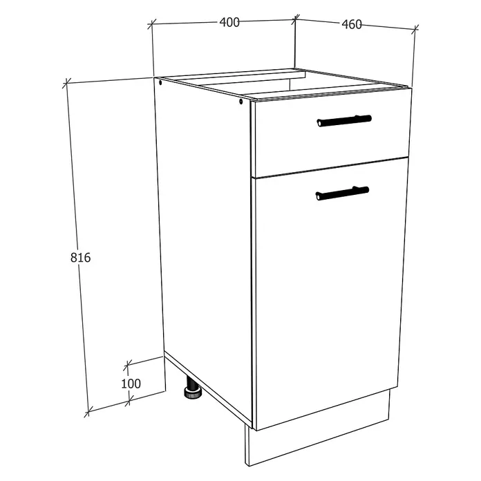 VCM Esilo Unterschrank Typ 2 - 46 x 40 x 82 cm, Sonoma-Eiche - Schrankillustration mit Schubladen. Die Abmessungen des Schranks sind detailliert angegeben. Das Produkt ist ein Badezimmerschrank.