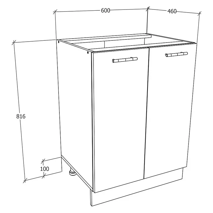 VCM Esilo Unterschrank Typ 1 - 46 x 60 x 82 cm, Sonoma-Eiche - Eine perspektivische Zeichnung eines Badezimmerschranks mit Schubladen und den Maßen 600x460x816 mm.