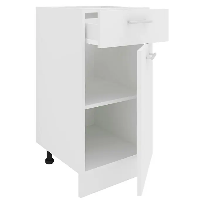 VCM Esilo Unterschrank Typ 2 - 46 x 40 x 82 cm, Weiß - Aufnahme eines weißen Badezimmerschranks mit Schublade und offener Tür, der Stauraum bietet.