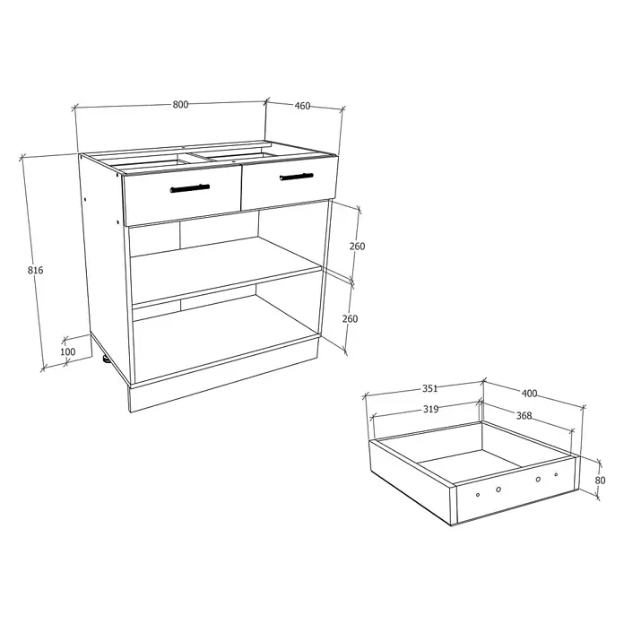 VCM Esilo Unterschrank Typ 2 - 46 x 80 x 82 cm, Weiß - Eine detaillierte Zeichnung eines Waschtischunterschranks mit Schubladen und offenen Regalen, inklusive Maßangaben.