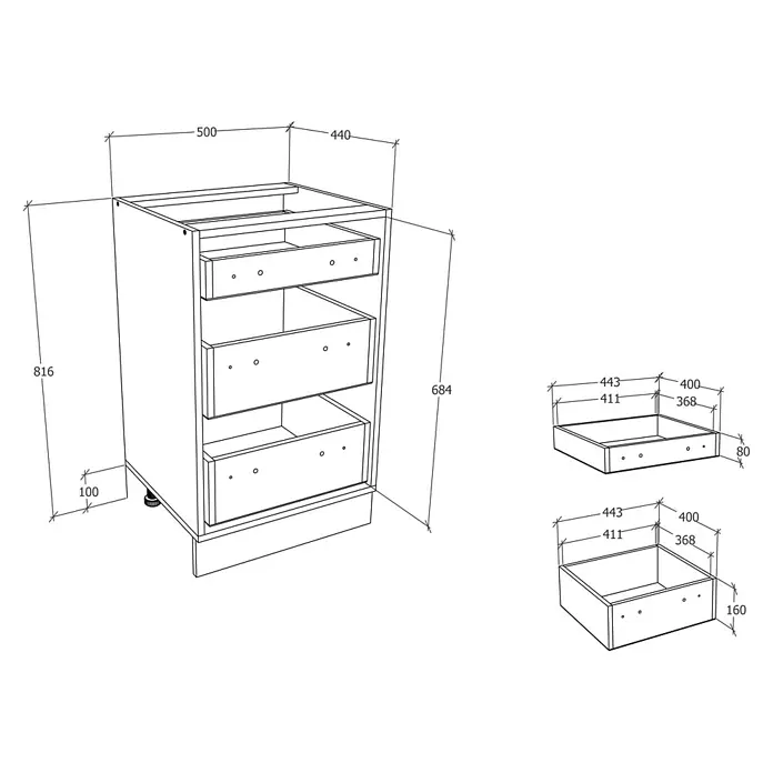 VCM Esilo Unterschrank Typ 3 - 46 x 50 x 82 cm, Anthrazit - Technische Zeichnung eines Küchenschranks mit drei Schubladen, Bemaßungen inklusive Schubladenhöhe und Gesamthöhe.