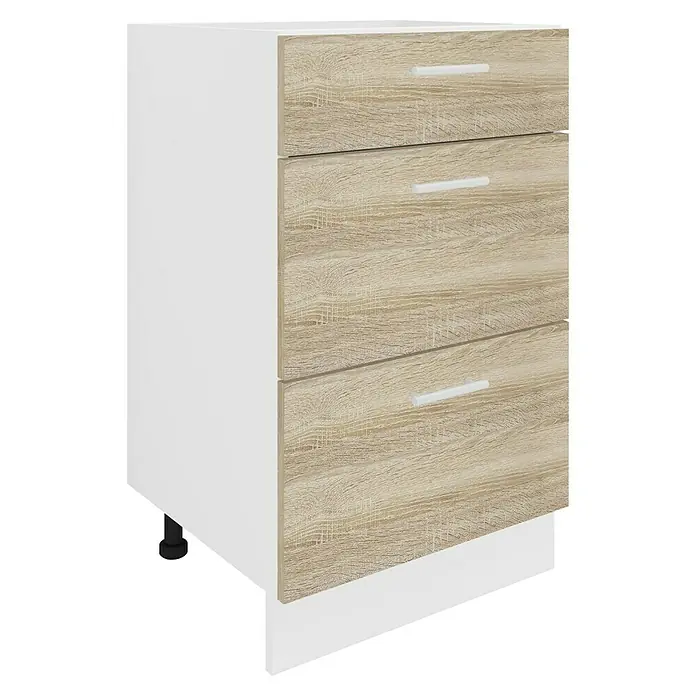 VCM Esilo Unterschrank Typ 3 - 46 x 50 x 82 cm, Sonoma-Eiche - Das Bild zeigt eine Kommode mit drei Schubladen in Holzoptik und einem weißen Rahmen. Die Kommode wirkt modern und funktional.