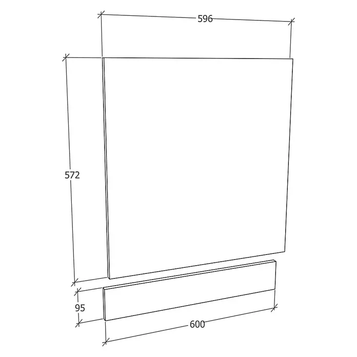 VCM Esilo Geschirrspülerfront - L x B x H: 2 x 60 x 67 cm, Sonoma-Eiche - Produktabbildung mit Maßangaben: Höhe 572 mm, Breite oben 596 mm, Breite unten 600 mm und Tiefe 95 mm für detaillierte Produktinformationen.
