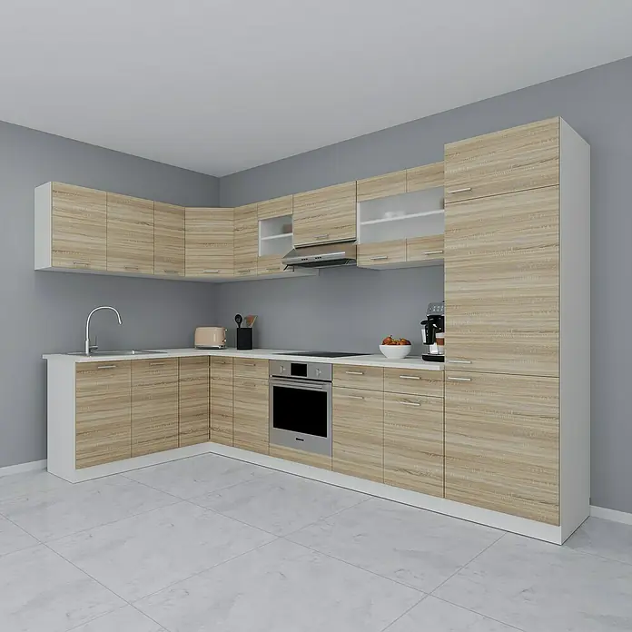 VCM Esilo Küchenleerblock - Breite: 505 cm, San Remo, Ohne Elektrogeräte - Helle, moderne Küche mit Holzfronten, weißen Arbeitsflächen und Edelstahlgeräten, die ein stilvolles und funktionales Design bietet.