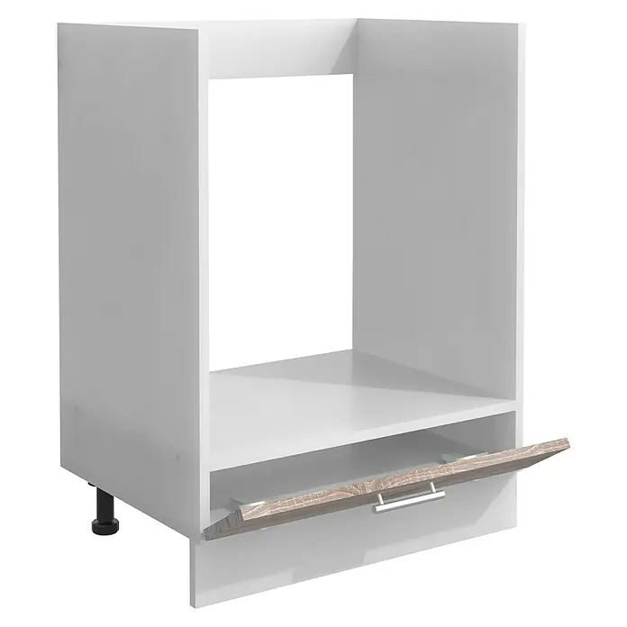 VCM Esilo Geräteumbauschrank mit Schublade - 46 x 60 x 82 cm, Sonoma-Eiche - Abgebildeter weißer Küchenschrank mit offenem Fach und Schublade mit Griff. Ideal für moderne Küchen.